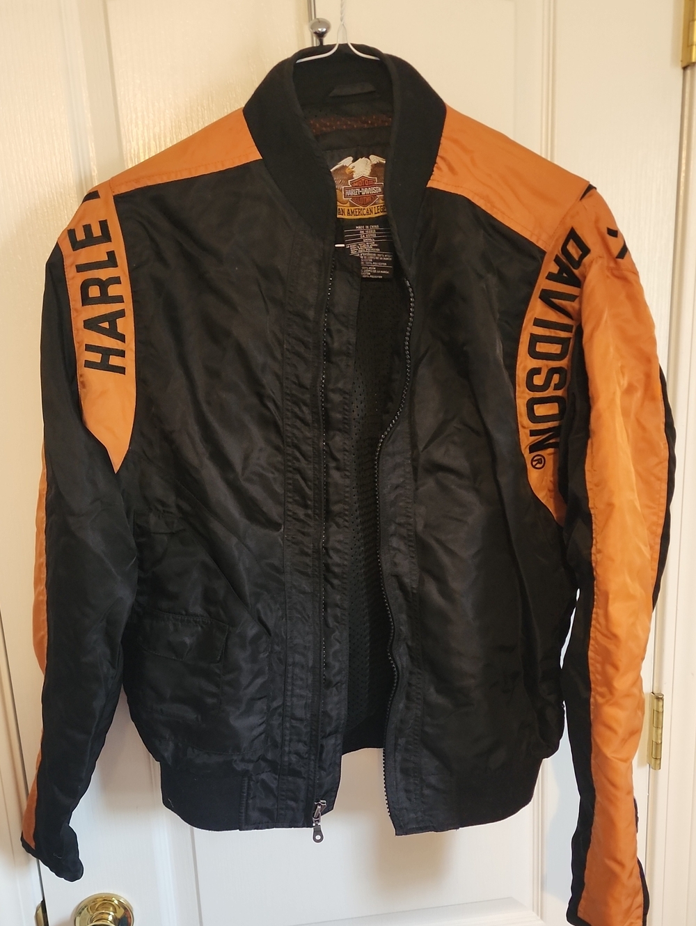 Harley‑Davidson Black and Orange Men's Bomber Jacket with Sleeve And  Back Logos